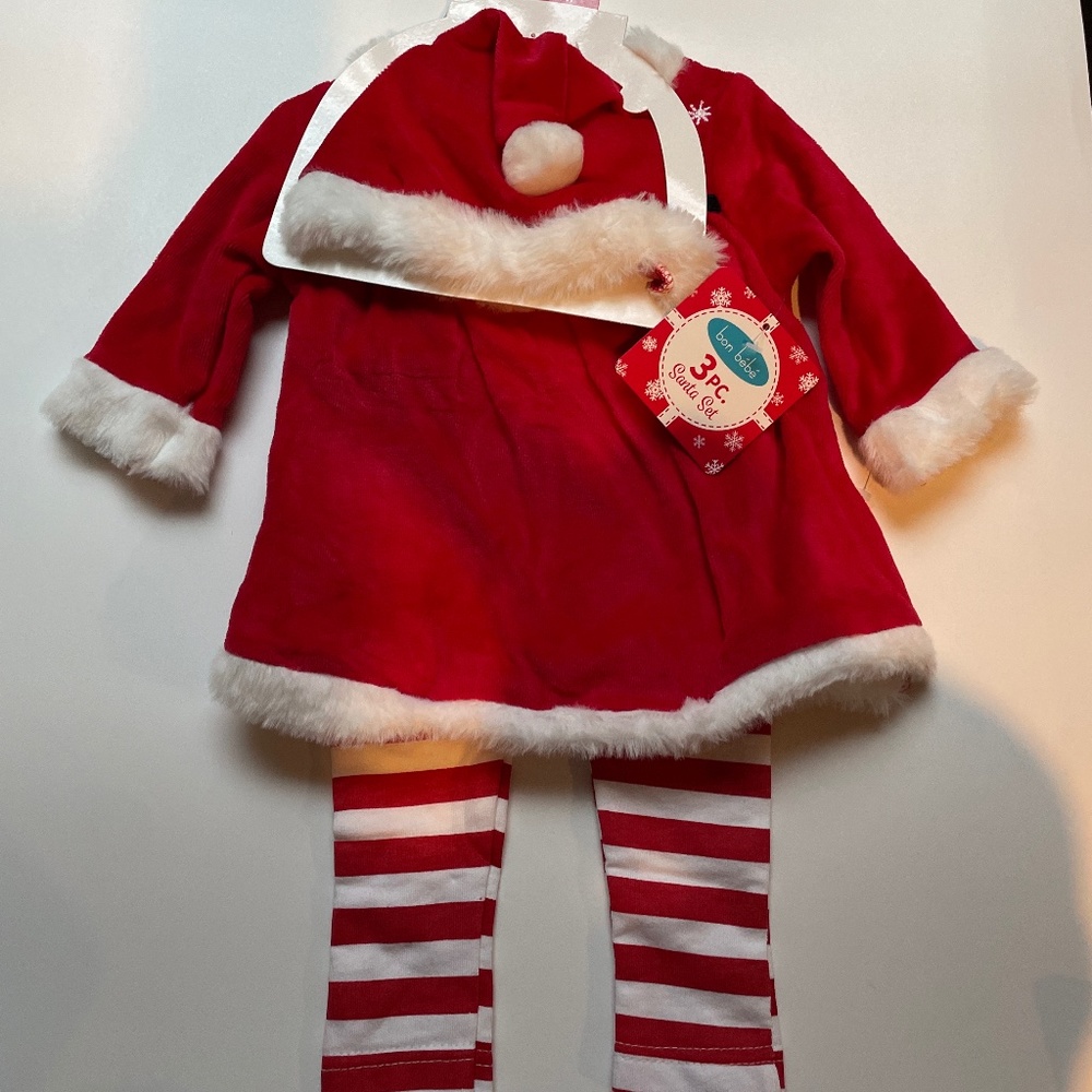 🍀 bon bebe 🍀 Christmas Baby Santa Top Pants Hat Set 6 - 9 Months Red NEW 🍀